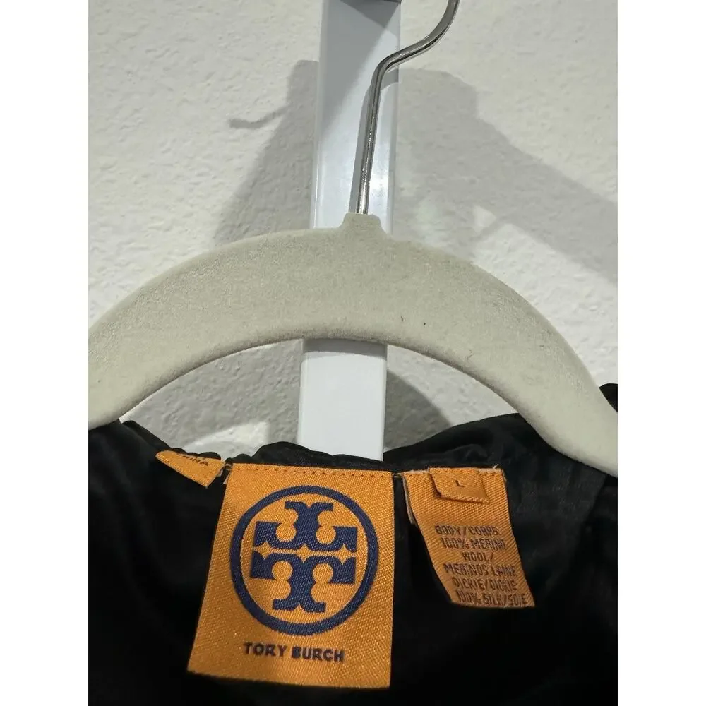 Tory Burch Black V-Neck Sweater with Removable Silk Collar and Cuffs Size L